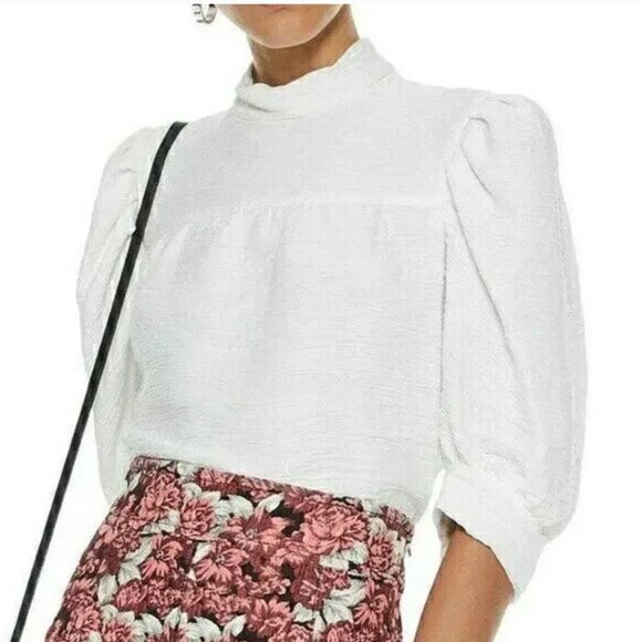 Sandro Paris Janyce Puff Sleeve Cloqué Blouse White Ecru Size 3/FR40/US8 - Picture 1 of 7